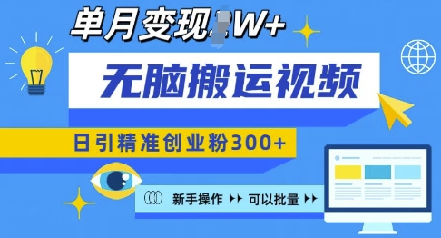 无脑搬运视频号可批量复制，新手即可操作，日引精准创业粉300+，月变现过W 【揭秘】-第一资源站