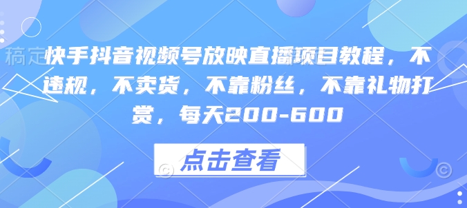 快手抖音视频号放映直播项目教程，不违规，不卖货，不靠粉丝，不靠礼物打赏，每天200-600-第一资源站