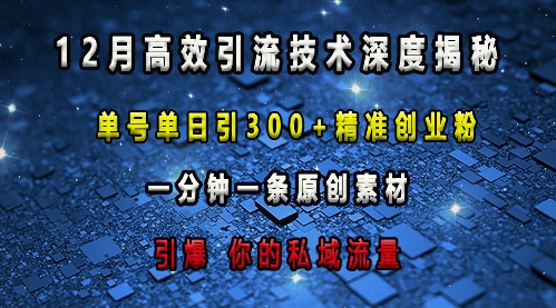 最新高效引流技术深度揭秘 ，单号单日引300+精准创业粉，一分钟一条原创素材，引爆你的私域流量-第一资源站