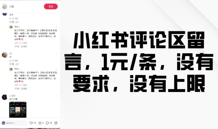 小红书评论区留言，1元条，没有要求，没有上限-第一资源站