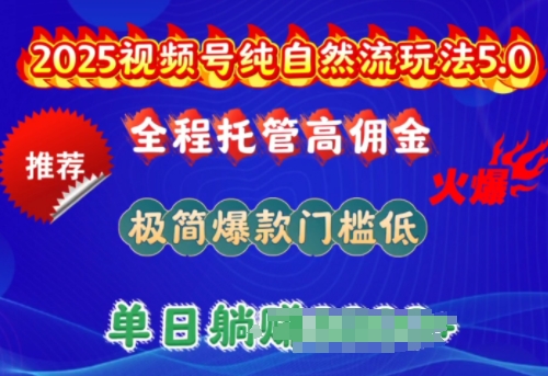 2025视频号纯自然流玩法5.0，全程托管高佣金，极简爆款门槛低，单日收益多张【揭秘】-第一资源站