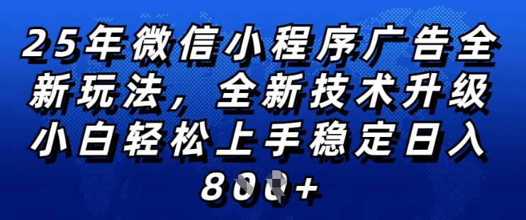 2025年微信小程序全新玩法纯小白易上手，稳定日入多张，技术全新升级，全网首发【揭秘】-第一资源站