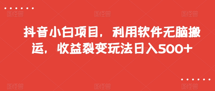 抖音小白项目，利用软件无脑搬运，收益裂变玩法日入500+【揭秘】-第一资源站
