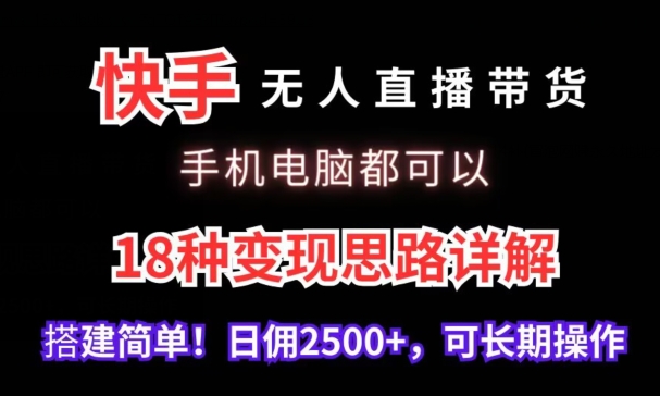 快手无人直播带货，手机电脑都可以，18种变现思路详解，搭建简单日佣2500+【揭秘】-第一资源站