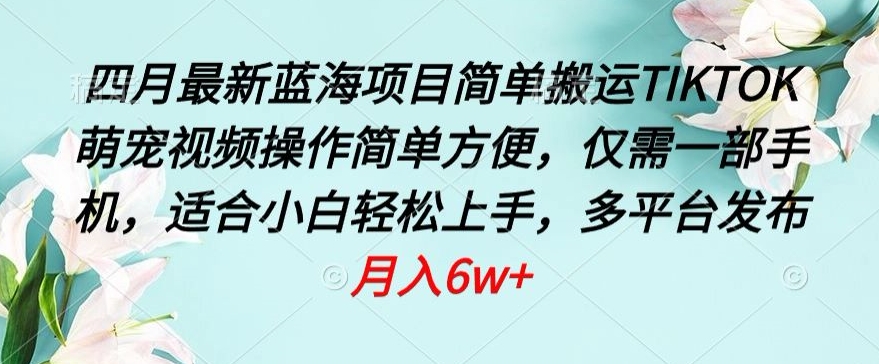 四月最新蓝海项目，简单搬运TIKTOK萌宠视频，操作简单方便，仅需一部手机【揭秘】-第一资源站