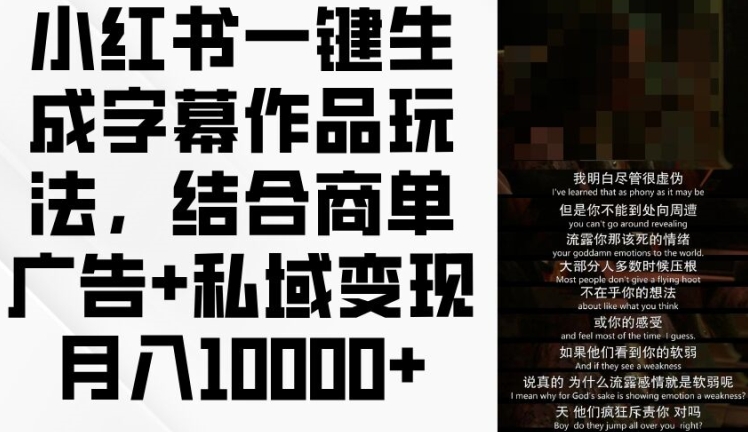 小红书一键生成字幕作品玩法，结合商单广告+私域变现月入1w+【揭秘】-第一资源站