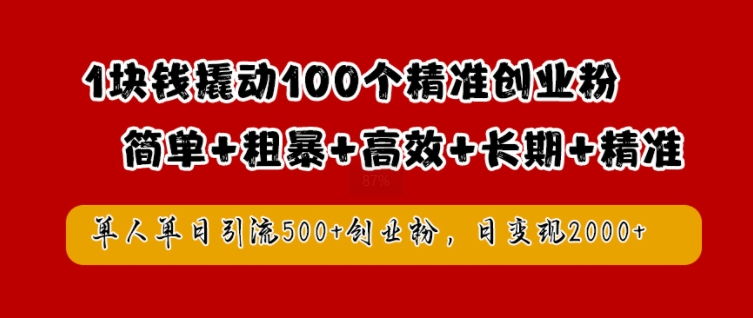 1块钱撬动100个精准创业粉，简单粗暴高效长期精准，单人单日引流500+创业粉，日变现2k【揭秘】-第一资源站