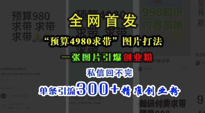 小红书“预算4980带我飞”图片打法，一张图片引爆创业粉，私信回不完，单条引流300+精准创业粉-第一资源站
