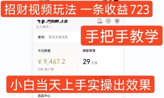招财视频玩法，一条视频收益723，手把手教学，小白当天可上手-第一资源站