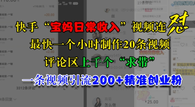 快手“宝妈日常收入”视频连怼，一个小时制作20条视频，评论区上千个“求带”，一条视频引流200+精准创业粉-第一资源站